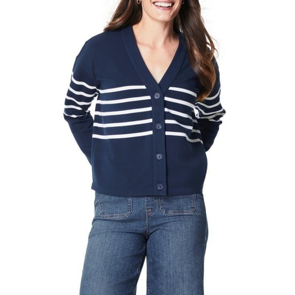 New Spanx AirEssentials Navy White Striped Button Cardigan Sweater Size Large